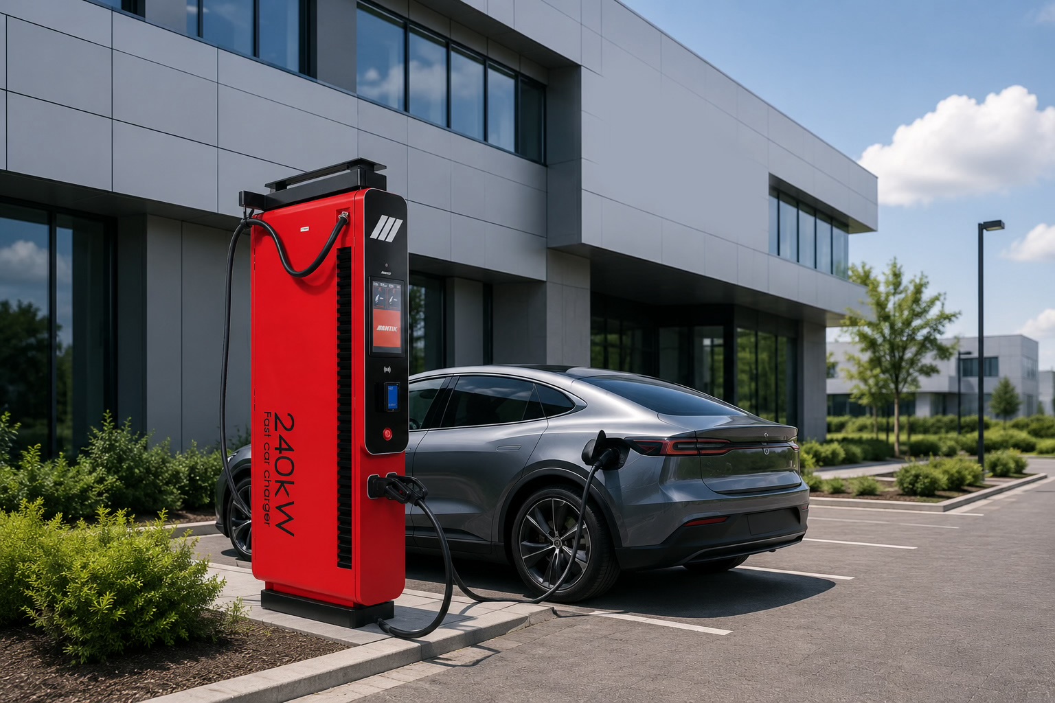 Ilustrácia hotela s parkoviskom, nabíjačkami a elektromobilom